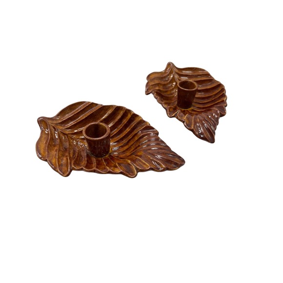 Pair of Brown Leaf Candlestick Holders Pattern 466 Made in USA - Picture 2 of 4